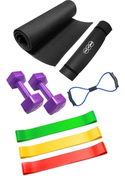 Tekno Trust Siyah Egzersiz Pilates Seti Pilates Minderi 3 Adet Direnç Lastiği Sekizgen Lastik ve 1 kg Çiftli Da