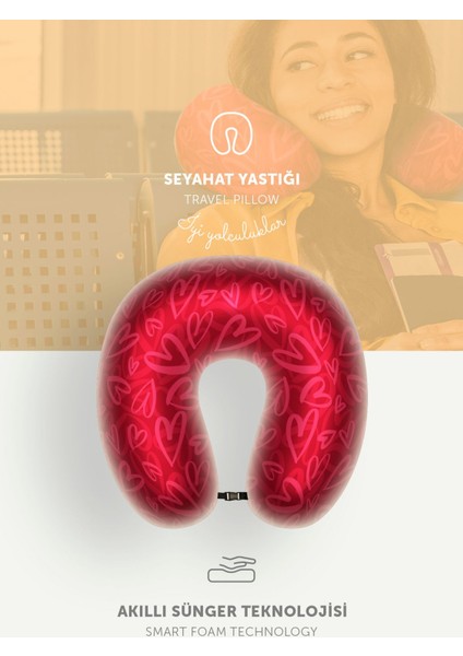 Tekno Trust Visko Ortopedik Seyahat Boyun Yastığı Visco Rahat Uyku Yastığı - Kalp Desenli Polyester Kırmızı 35
