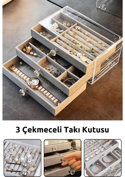 Gri Modern 3 Çekmeceli Takı Bijuteri Mücevher Kutusu Organizer Düzenleyici Şeffaf 13 x 23 x 10 cm P