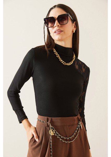 Siyah Dantel Detaylı Boğazlı Bluz 5KXK2-48976-02 fiyatları
