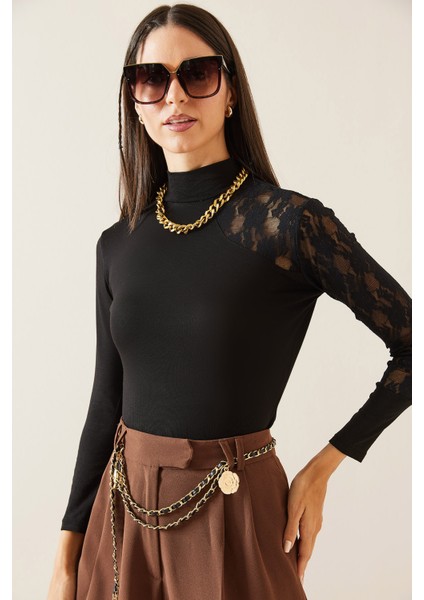 Siyah Dantel Detaylı Boğazlı Bluz 5KXK2-48976-02 fırsatları
