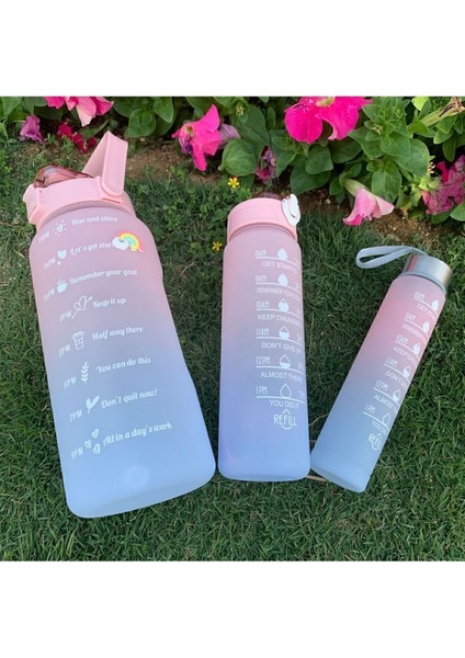 Pembe Motivasyonel 3 Lü Set Su Matarası 2 LT+900 ML+600 ml Tritan Spor Salonu Suluk Plastik 2 L