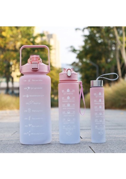 Pembe Motivasyonel 3 Lü Set Su Matarası 2 LT+900 ML+600 ml Tritan Spor Salonu Suluk Plastik 2 L