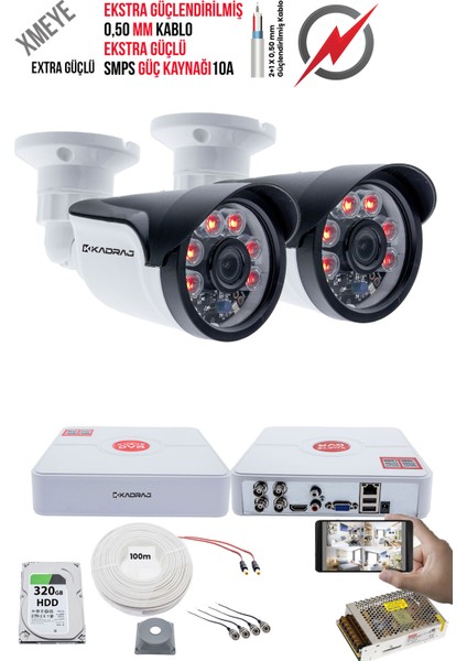 2 Kameralı Güvenlik Kamera Seti - Ekstra Uzun Mesafeli Güçlü, 5mp Sony Lens, 70M Dayanıklı Kablolama, 6 Atom Led, IP66 Su Geçirmez Kasa