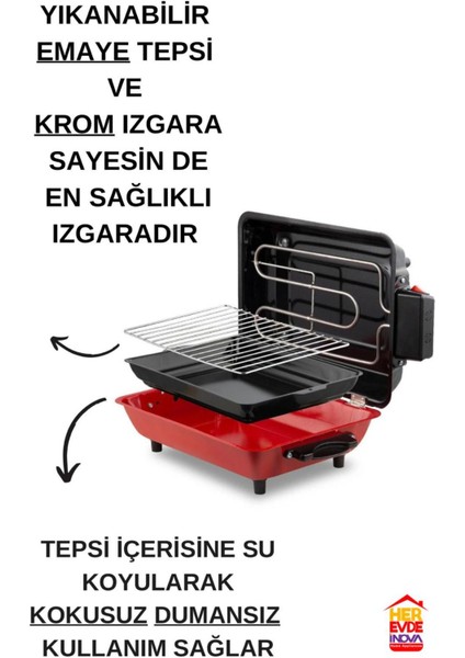 Büyük Boy 40X30 cm Elektrikli Izgara Barbekü Mangal Kebapçı Balıkçı Emaye Gövdeli + Emaye Tepsili