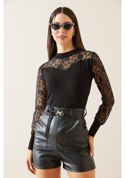 Siyah Dantel Detaylı Dik Yaka Bluz 5KXK2-48975-02 fiyatları