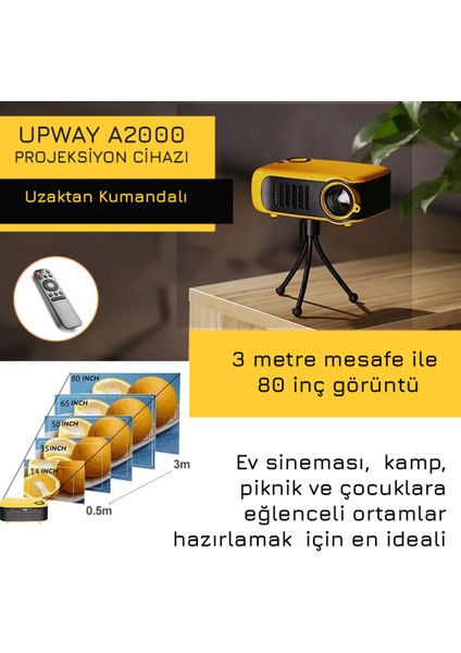 A2000 Hoparlörlü 1000 Lümen Mini Multimedya Ev Sineması 80 Inç Projeksiyon Cihazı