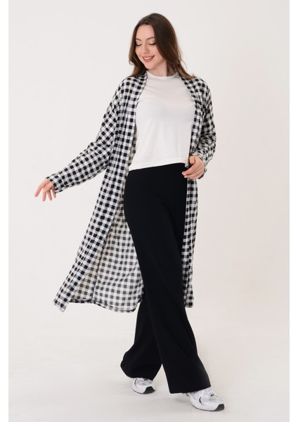 Pınkmark Kadın Siyah Beyaz Kareli Tesettür Kimono PMCK25426