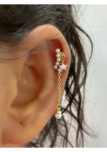 Arescollection Incili Yıldız Inci Sallantılı Zincirli 1 Adet Helix Kıkırdak Lobe Uyumlu Halka Piercing Küpe