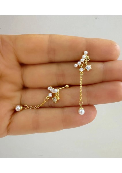 Arescollection Incili Yıldız Inci Sallantılı Zincirli 1 Adet Helix Kıkırdak Lobe Uyumlu Halka Piercing Küpe fiyatları