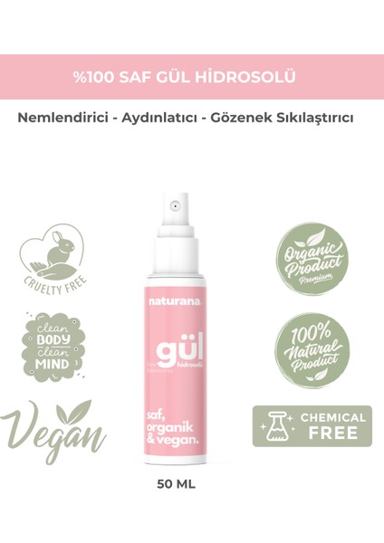 Doğal Gül Suyu Cilt Nem Spreyi Body Mist Tonik 50 ml Seyahat Boy