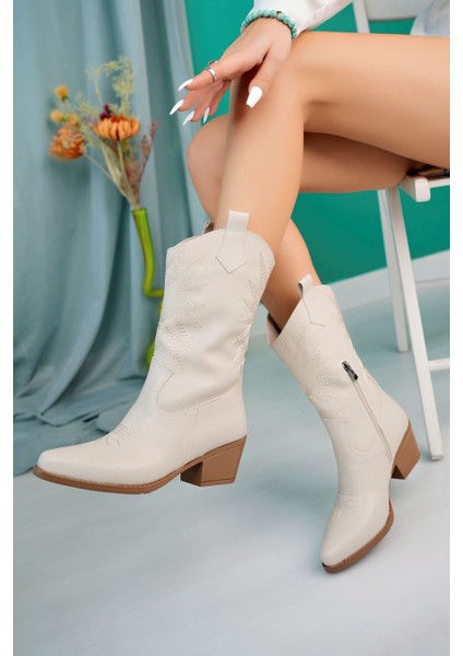 Pikolu Krem Cilt Kovboy Çizme