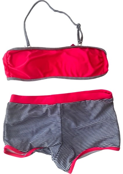 Kız Çocuk Neon Pembe Siyah Çizgili Şortlu 4-12 Yaş Straplez Bikini Takım HZL24S-LC9034
