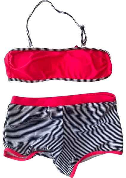 Kız Çocuk Neon Pembe Siyah Çizgili Şortlu 4-12 Yaş Straplez Bikini Takım HZL24S-LC9034 fiyatları