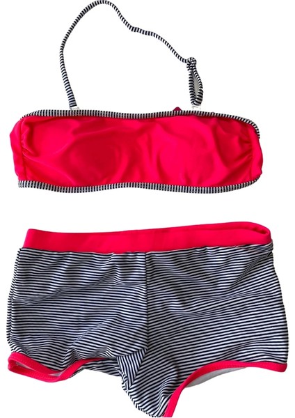 Kız Çocuk Neon Pembe Siyah Çizgili Şortlu 4-12 Yaş Straplez Bikini Takım HZL24S-LC9034 modelleri