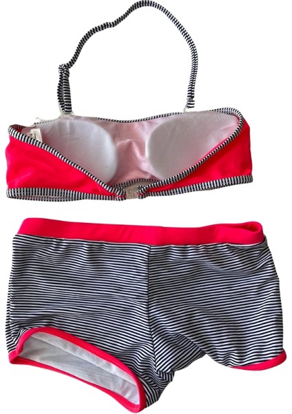 Kız Çocuk Neon Pembe Siyah Çizgili Şortlu 4-12 Yaş Straplez Bikini Takım HZL24S-LC9034 fırsatları