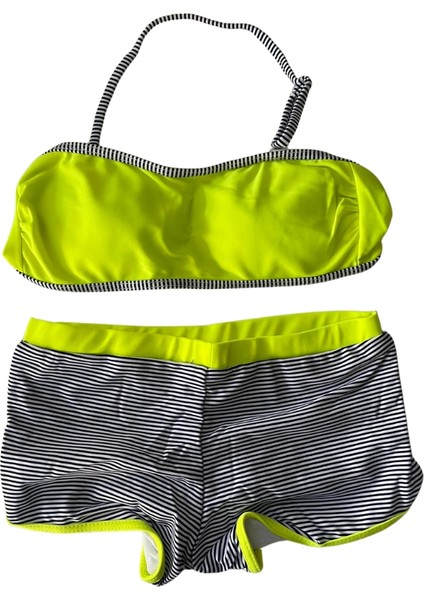 Kız Çocuk Neon Sarı Siyah Çizgili Şortlu 4-12 Yaş Straplez Bikini Takım HZL24S-LC9034