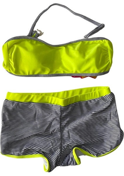 Kız Çocuk Neon Sarı Siyah Çizgili Şortlu 4-12 Yaş Straplez Bikini Takım HZL24S-LC9034