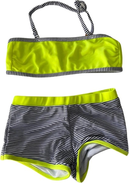 Kız Çocuk Neon Sarı Siyah Çizgili Şortlu 4-12 Yaş Straplez Bikini Takım HZL24S-LC9034