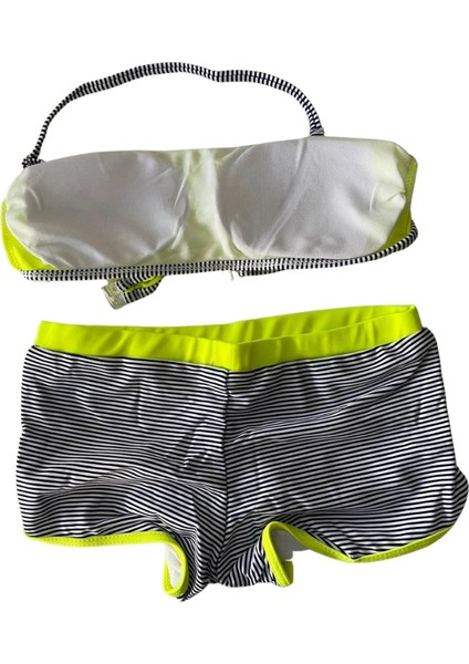 Kız Çocuk Neon Sarı Siyah Çizgili Şortlu 4-12 Yaş Straplez Bikini Takım HZL24S-LC9034