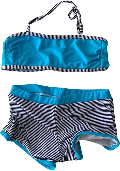 Kız Çocuk Mavi Siyah Çizgili Şortlu 4-12 Yaş Straplez Bikini Takım HZL24S-LC9034