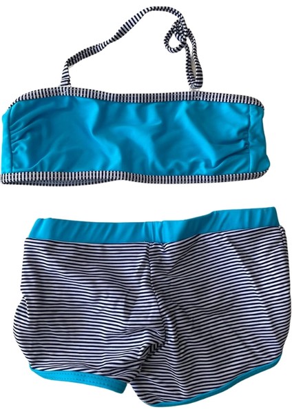 Kız Çocuk Mavi Siyah Çizgili Şortlu 4-12 Yaş Straplez Bikini Takım HZL24S-LC9034 fiyatları