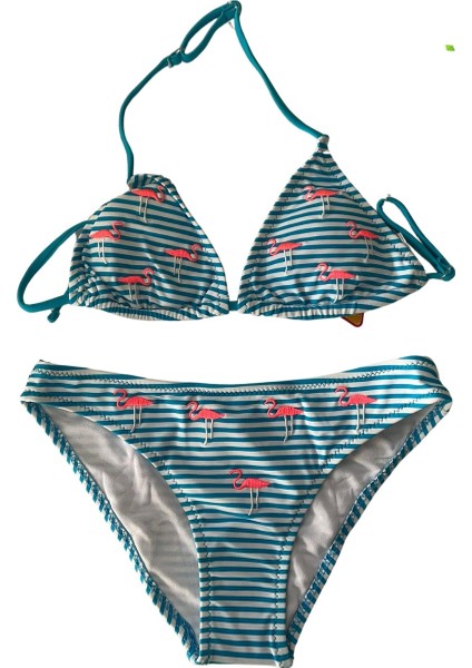 Kız Çocuk Mavi Beyaz Çizgili Flamingo Desenli 4-12 Yaş Üçgen Bikini Takım HZL24S-LC171