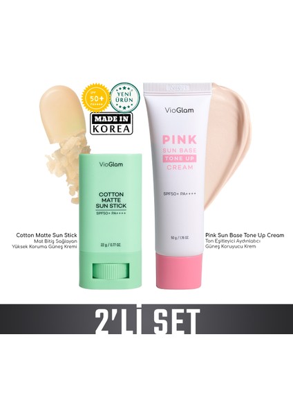 2'li Vioglam Güneş Kremi Fırsat Paketi / Cotton Matte Sun Stick + Pink Tone Up SPF50+ Pa++++