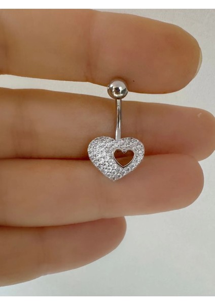 Cerrahi Çelik Zirkon Taşlı Kalp Göbek Piercingi