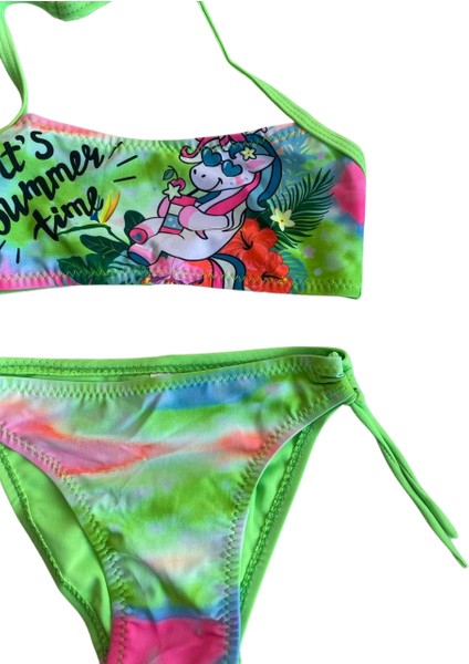 Kız Çocuk Neon Yeşil Desenli 2-8 Yaş Straplez Bikini Takım HZL24S-LC3652