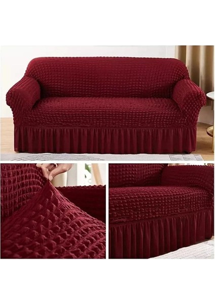 Bürümcük Lastikli Kanepe Örtüsü Likralı Koltuk Örtüsü 3' Lü Burumcuk Çekyat Örtüsü Bordo