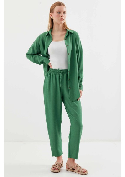 Kadın Zümrüt Yeşil Keten Gömlek Pantolon Alt-Üst Ikili Takım HZL23W-BD166221 fiyatları