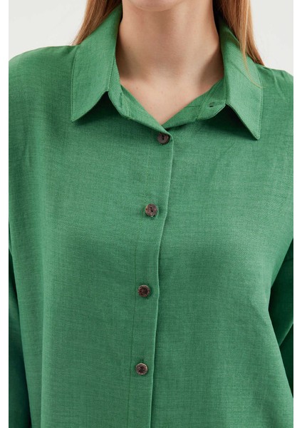 Kadın Zümrüt Yeşil Keten Gömlek Pantolon Alt-Üst Ikili Takım HZL23W-BD166221 modelleri