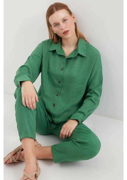 Kadın Zümrüt Yeşil Keten Gömlek Pantolon Alt-Üst Ikili Takım HZL23W-BD166221 fırsatları