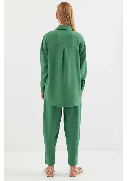 Kadın Zümrüt Yeşil Keten Gömlek Pantolon Alt-Üst Ikili Takım HZL23W-BD166221 indirimleri