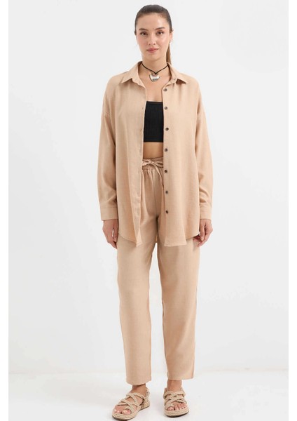 Kadın Bisküvi Keten Gömlek Pantolon Alt-Üst Ikili Takım HZL23W-BD166221