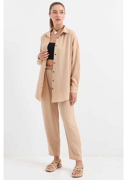 Kadın Bisküvi Keten Gömlek Pantolon Alt-Üst Ikili Takım HZL23W-BD166221 modelleri