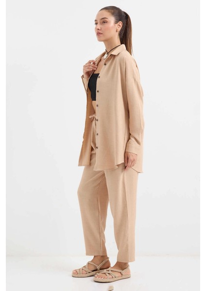 Kadın Bisküvi Keten Gömlek Pantolon Alt-Üst Ikili Takım HZL23W-BD166221 fırsatları
