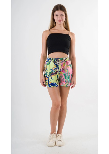 Kadın Yeşil Pembe Beli Lastikli ve Bağlamalı Cepli Şort HZL24S-YY226