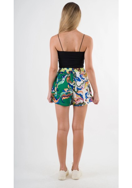 Kadın Yeşil Pembe Beli Lastikli ve Bağlamalı Cepli Şort HZL24S-YY226 modelleri