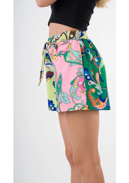 Kadın Yeşil Pembe Beli Lastikli ve Bağlamalı Cepli Şort HZL24S-YY226 fırsatları