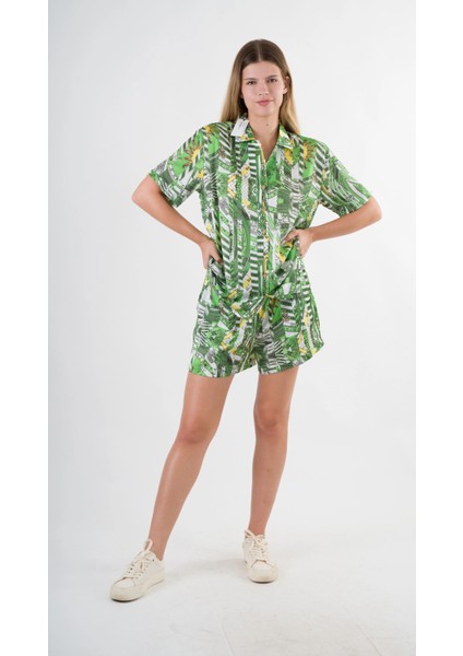 Kadın Yeşil Desenli Şort Gömlek Alt Üst Takım HZL24S-YY226