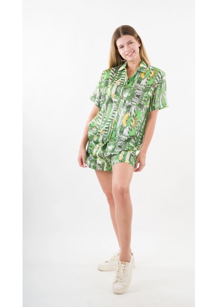 Kadın Yeşil Desenli Şort Gömlek Alt Üst Takım HZL24S-YY226 fiyatları