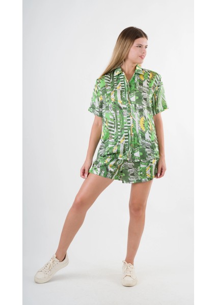 Kadın Yeşil Desenli Şort Gömlek Alt Üst Takım HZL24S-YY226 modelleri