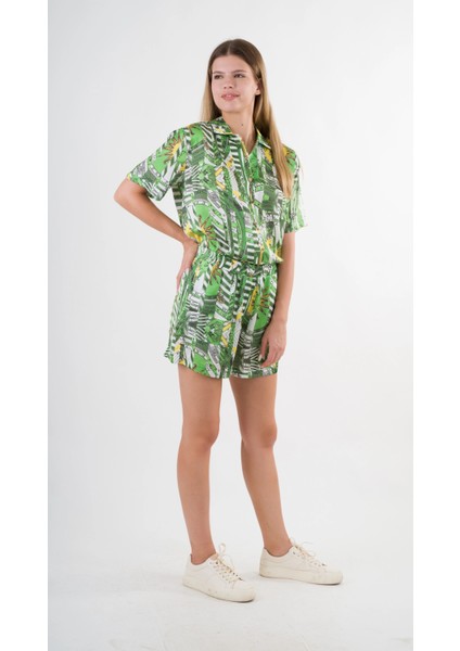 Kadın Yeşil Desenli Şort Gömlek Alt Üst Takım HZL24S-YY226 fırsatları