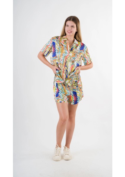 Kadın Lacivert Desenli Şort Gömlek Alt Üst Takım HZL24S-YY226