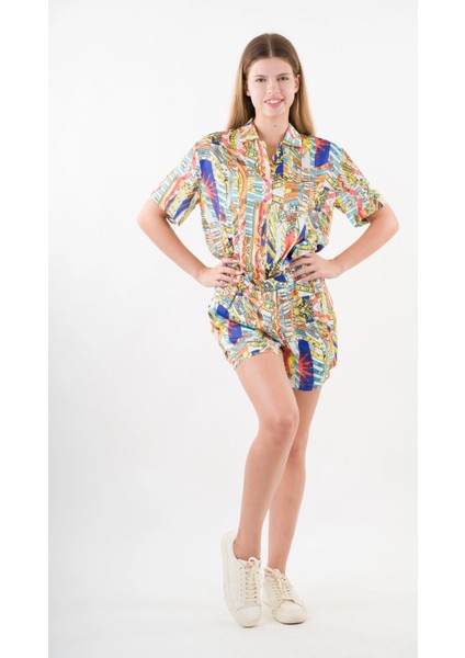 Kadın Lacivert Desenli Şort Gömlek Alt Üst Takım HZL24S-YY226 fiyatları