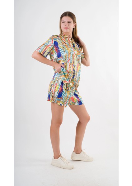 Kadın Lacivert Desenli Şort Gömlek Alt Üst Takım HZL24S-YY226 modelleri