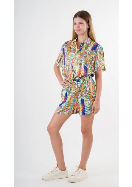 Kadın Lacivert Desenli Şort Gömlek Alt Üst Takım HZL24S-YY226 fırsatları