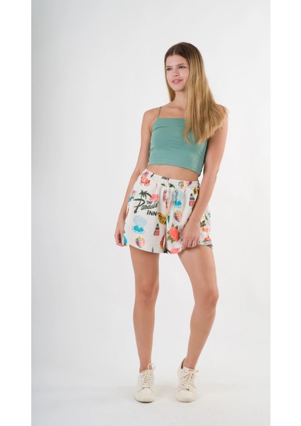 Kadın Çok Renkli Beli Lastikli ve Bağlamalı Cepli Şort HZL24S-YY226